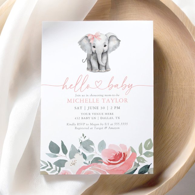Rosa Blommigt Elephant Girl Baby Shower Inbjudningar (Skapare uppladdad)