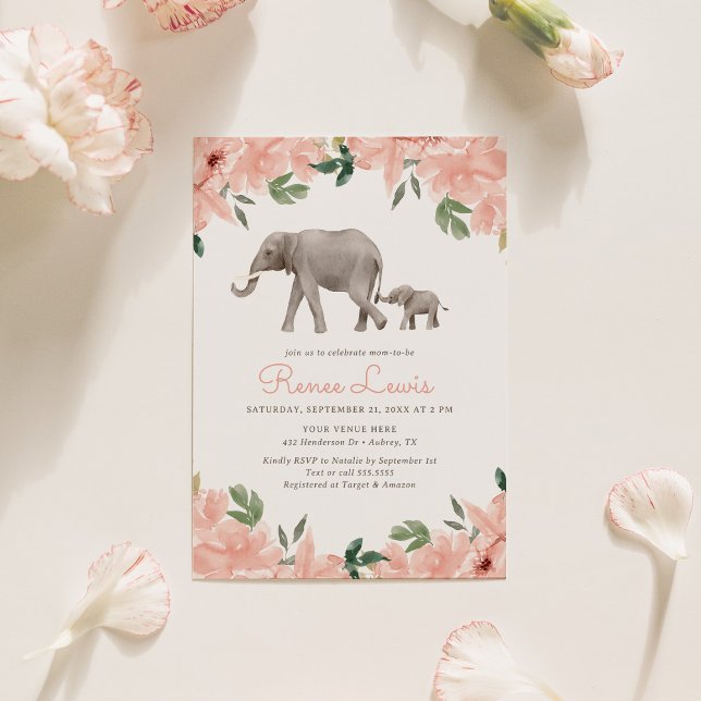 Rosa Blommigt Elephant Girl Baby Shower Inbjudningar (Skapare uppladdad)