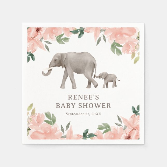 Rosa Blommigt Elephant Girl Baby Shower Pappersservett (Framsidan)