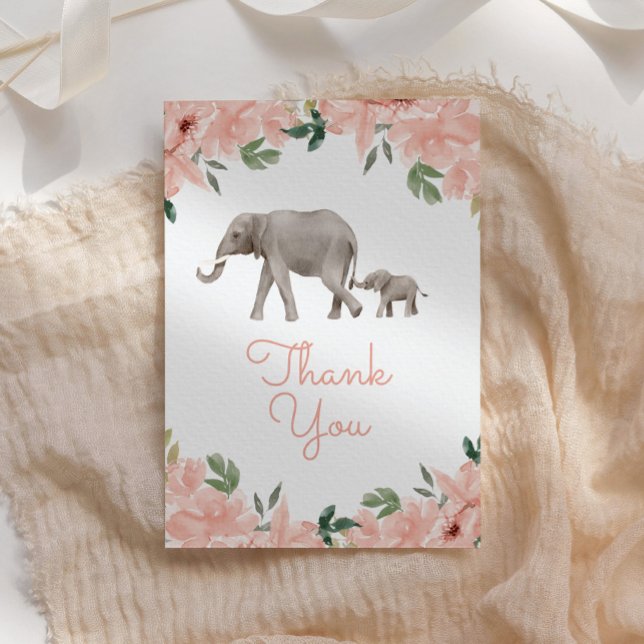 Rosa Blommigt Elephant Girl Baby Shower Tack Kort (Skapare uppladdad)