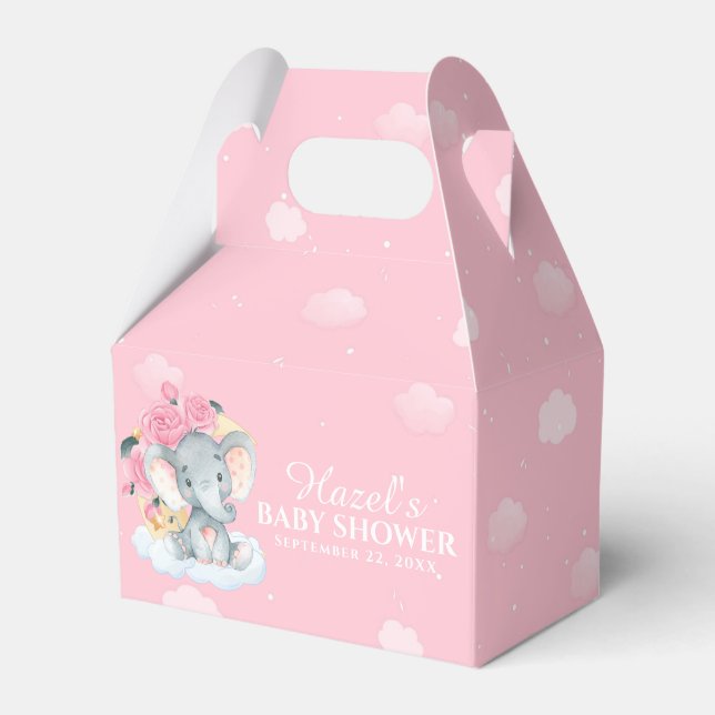 Rosa Blommigt Elephant Girl Baby Shower Tack Presentaskar (Framsidan Sidan)