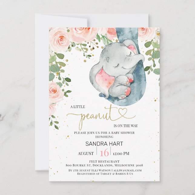 Rosa Blommigt Elephant Girls Peanut Baby Shower Inbjudningar (Framsida)