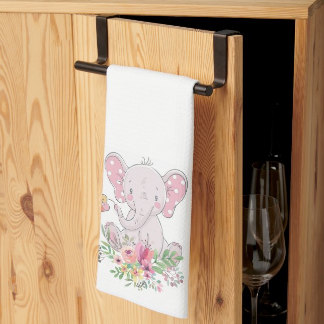 Rosa Blommigt Elephant Kitchen Hand Towel Kökshandduk (Thirds Fold)
