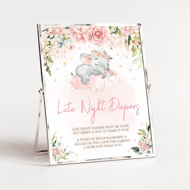 Rosa Blommigt Elephant Late Night Diaper Poster (Pink Floral Sleeping Elephant Baby Shower Late Night Diapers Sign)