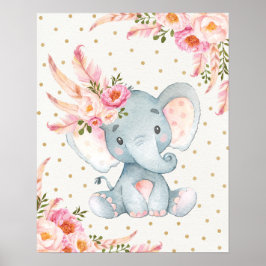Rosa Blommigt Elephant Nursery Art Boho Blommigt D Poster