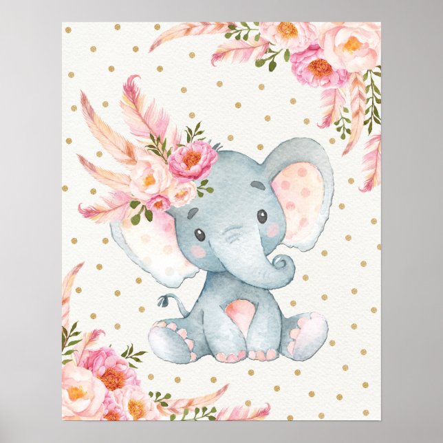Rosa Blommigt Elephant Nursery Art Boho Blommigt D Poster (Framsidan)