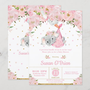 Rosa Blommigt Elephant Stork Bundle Girl Baby Show Inbjudningar