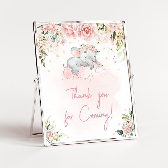 Rosa Blommigt Elephant Tack för att du kom Poster (Pink Floral Sleeping Elephant Baby Shower Thank you for Coming Sign)