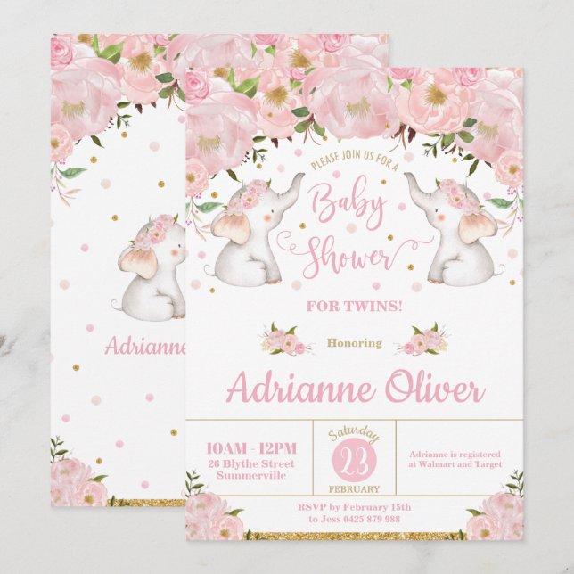 Rosa Blommigt Elephant Twin Girls Baby Shower Inbjudningar (Fram/baksida)