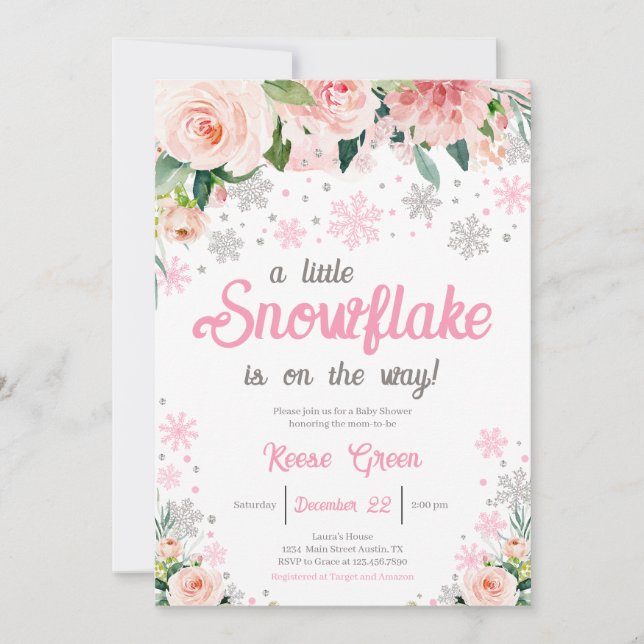 Rosa Blommigt En liten snöflammande babyskugga Inbjudningar (Framsida)