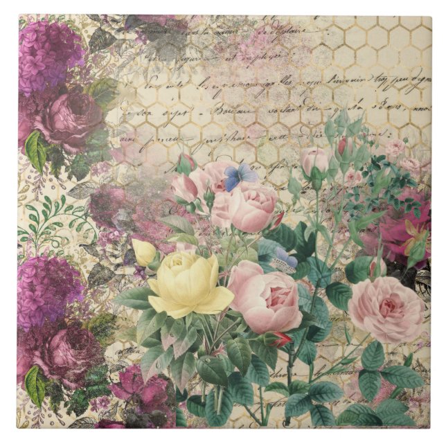 Rosa Blommigt Ephemera med Beehive och handskrift Kakelplatta (Framsidan)