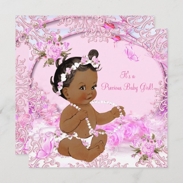 Rosa Blommigt Etnik för Precious Girl Baby Shower Inbjudningar (Fram/baksida)