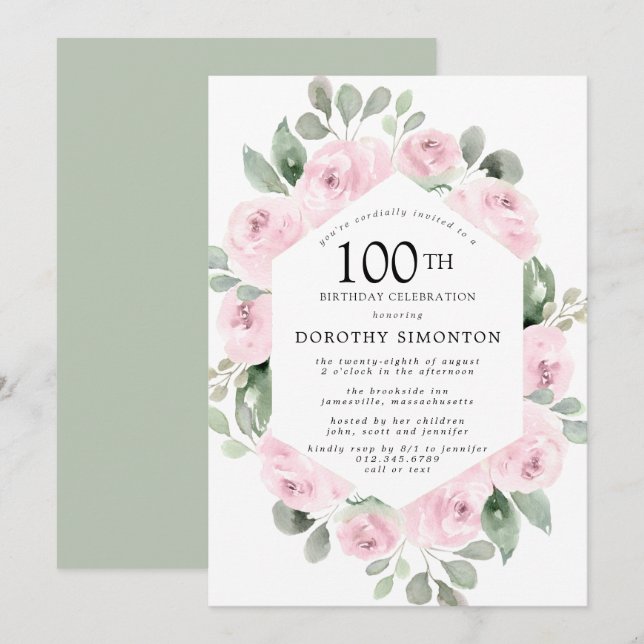 Rosa Blommigt Eucalyptus 100: e Födelsedagsfesten Inbjudningar (Fram/baksida)