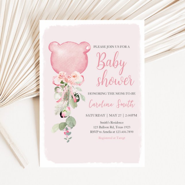Rosa Blommigt Eucalyptus Balloon Baby Shower Inbjudningar (Pink Floral Eucalyptus Bear Balloon Baby Shower Invitation
)