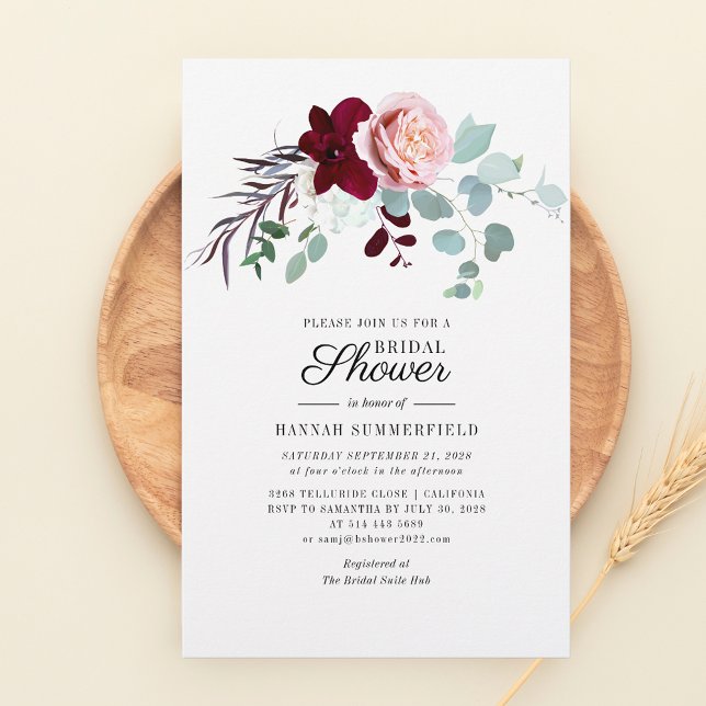 Rosa Blommigt Eucalyptus Blommigt Möhippa Brevpapper (Modern Floral and Eucalyptus Script Bridal Shower Invitation)