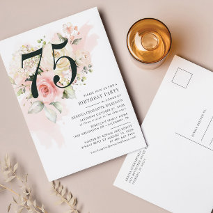 Rosa Blommigt Eucalyptus Foliage 75:e Födelsedagsf Inbjudan Vykort