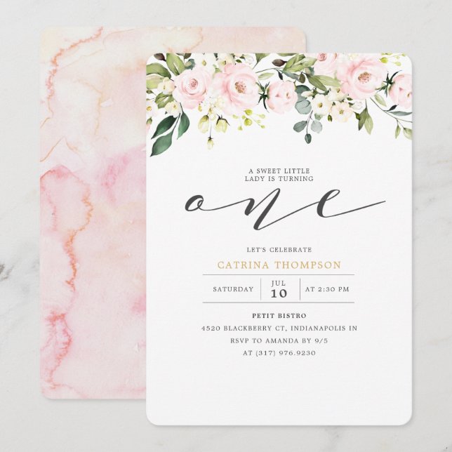  Rosa Blommigt & Eucalyptus Girl 1st Birthday Inbjudningar (Fram/baksida)