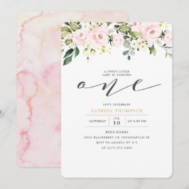  Rosa Blommigt & Eucalyptus Girl 1st Birthday Inbjudningar