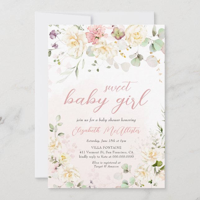  Rosa Blommigt Eucalyptus Girl Baby Shower Inbjudningar (Framsida)