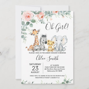 Rosa Blommigt Eucalyptus Girls Safari Baby Shower Inbjudningar