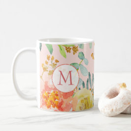 Rosa Blommigt Eucalyptus Glitter Monogram Kaffemugg