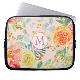 Rosa Blommigt Eucalyptus Glitter Monogram Laptop Fodral