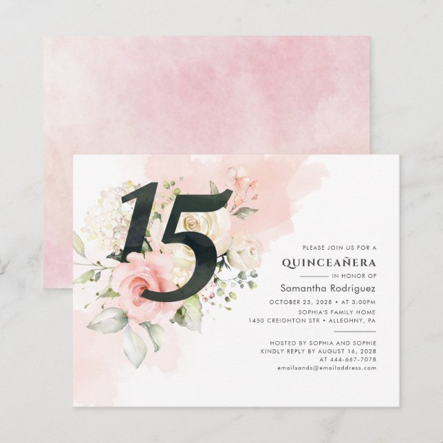 Rosa Blommigt Eucalyptus Quinceanera 15:e födelsed Inbjudningar (Fram/baksida)