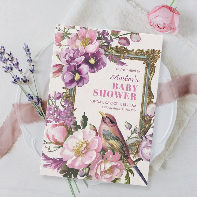 Rosa blommigt, fågelvattendropp, babydusch inbjudningar (Skapare uppladdad)