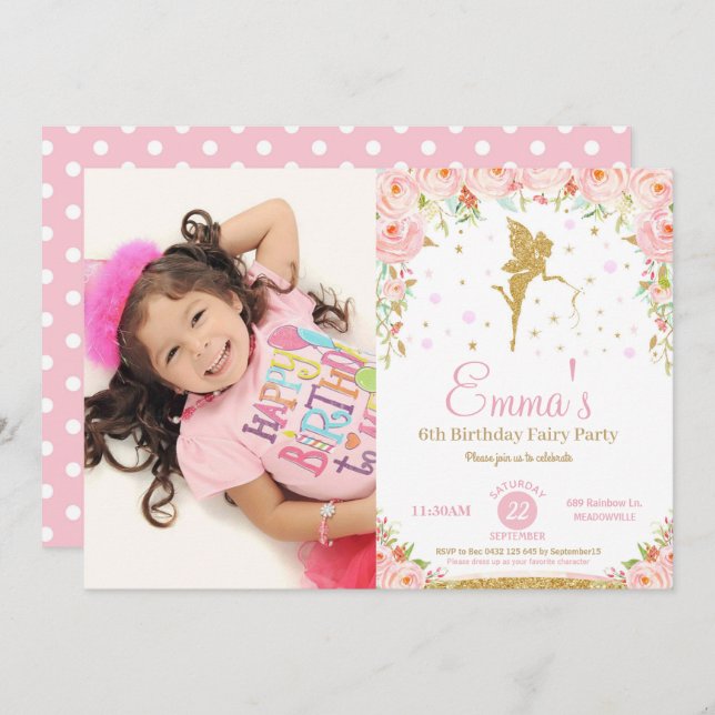 Rosa Blommigt Fairy 1a Birthday Party bjudande in Inbjudningar (Fram/baksida)
