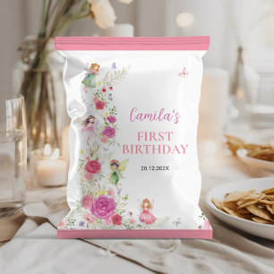 Rosa Blommigt Fairy 1st Birthday Chip Bag Wrapper Reklamblad