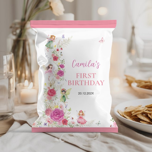 Rosa Blommigt Fairy 1st Birthday Chip Bag Wrapper Reklamblad (Skapare uppladdad)