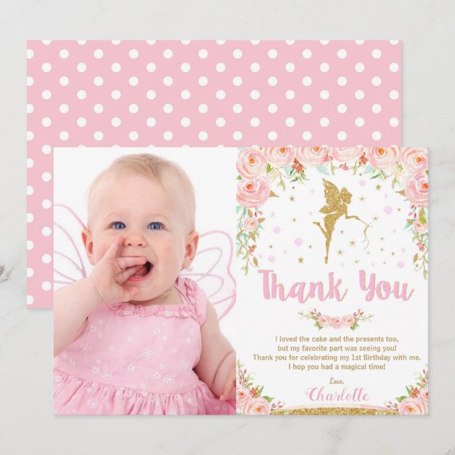 Rosa Blommigt Fairy 1st Birthday Party Tack Inbjudningar (Fram/baksida)