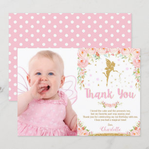 Rosa Blommigt Fairy 1st Birthday Party Tack Inbjudningar