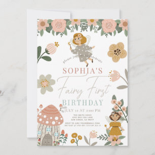 Rosa Blommigt Fairy First Birday Inbjudningar