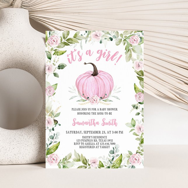 Rosa Blommigt Fall Pumpkin Baby Shower Inbjudningar (Greenery Pink Pumpkin Baby Shower Invitation)