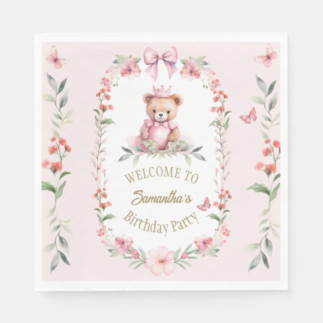 Rosa Blommigt Fantasies & Nalle Hugs Pappersservett (Framsidan)