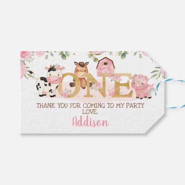 Rosa Blommigt Farm 1:a födelsedag Presentetikett (Framsidan (Horisontell))