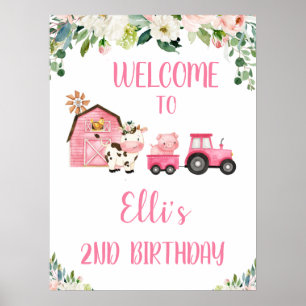 Rosa Blommigt Farm and Tractor Birthday Välkommen Poster