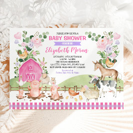 Rosa Blommigt Farm Barnyard Animals Girl Baby Show Inbjudningar
