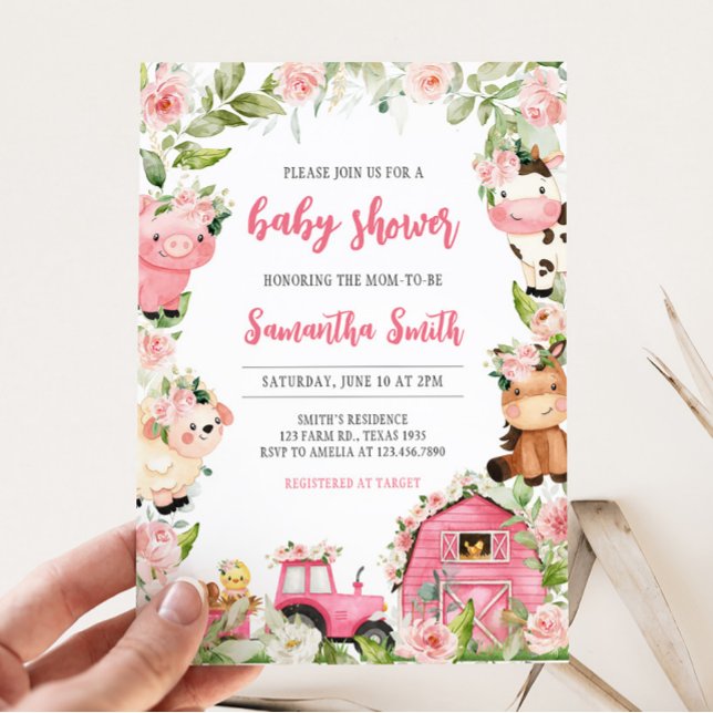 Rosa Blommigt Farm Barnyard Baby Shower Inbjudningar (Floral Pink Barnyard Baby Shower Invitation)