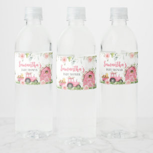 Rosa Blommigt Farm Barnyard Baby Shower Vattenflaskor Etikett