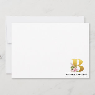 Rosa Blommigt Faux Guld Brev B Monogram Namn Anteckningskort