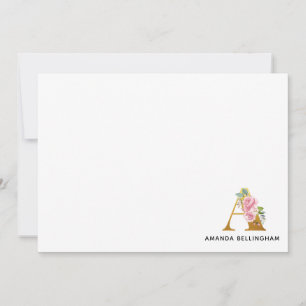 Rosa Blommigt Faux Guld Monogram Namn Brev A Anteckningskort
