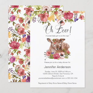 Rosa Blommigt Fawn Oh Hjort Girl Baby Shower Inbjudningar