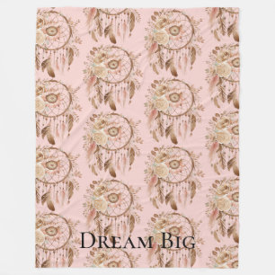 Rosa Blommigt Feathers Dream Catcher Fleecefilt