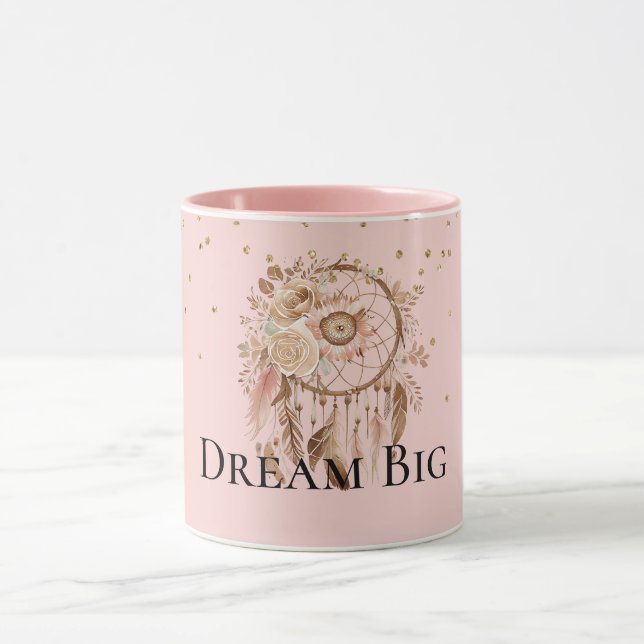  Rosa Blommigt Feathers Dream Catcher Mugg (Center)