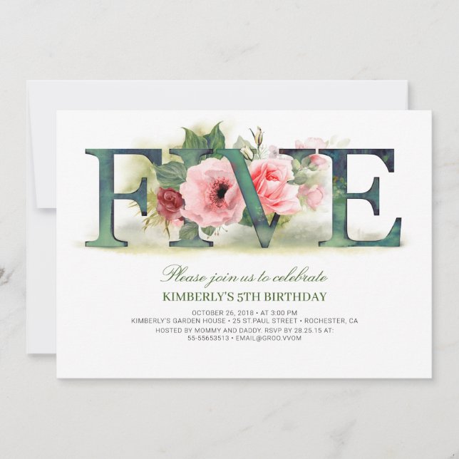 Rosa Blommigt FEM | 5 FÖDELSEDAGSFEST INBJUDAN (Framsida)
