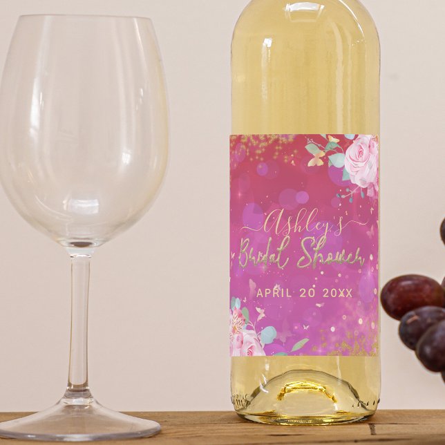 Rosa Blommigt Finare Elegant Romantic Möhippa Vinflaska Etikett (Skapare uppladdad)