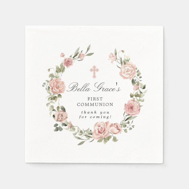Rosa Blommigt First Communion Napkins Pappersservett (Framsidan)