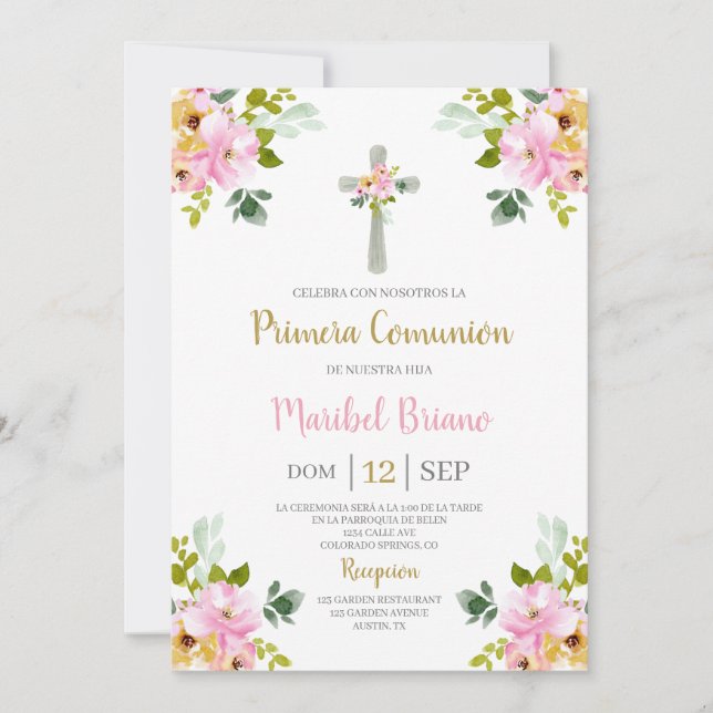 Rosa Blommigt First Communion Spanska Inbjudningar (Framsida)